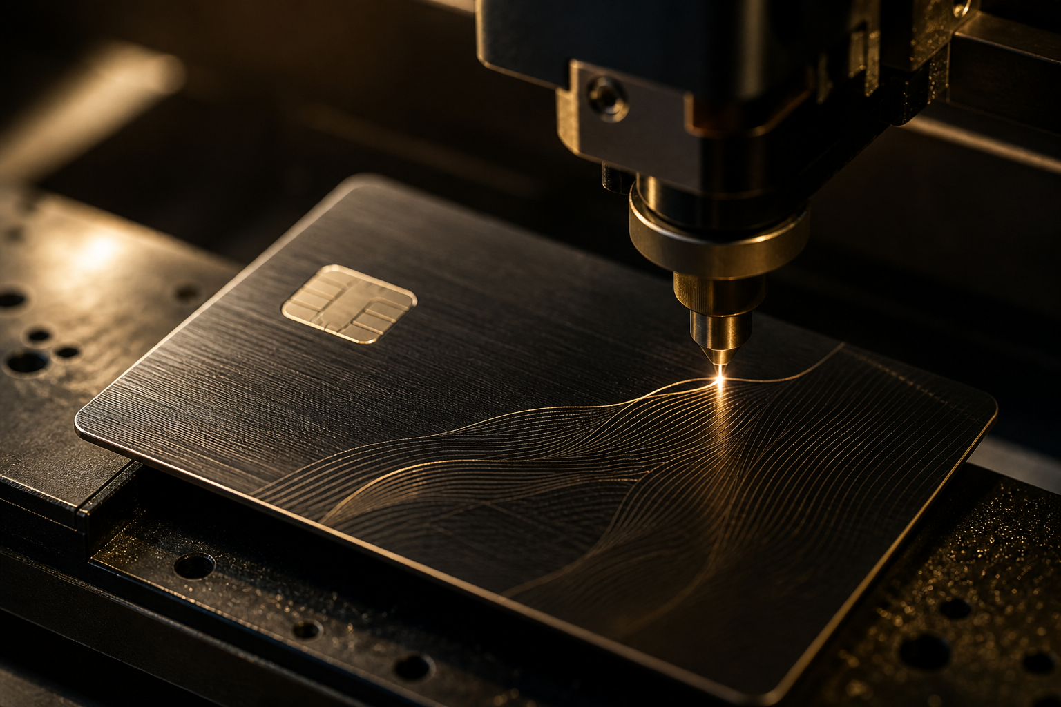 Precision engraving of a brushed metal card