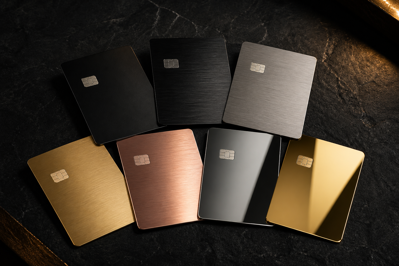 Seven Gold Card metal finishes arranged in a luxury atelier