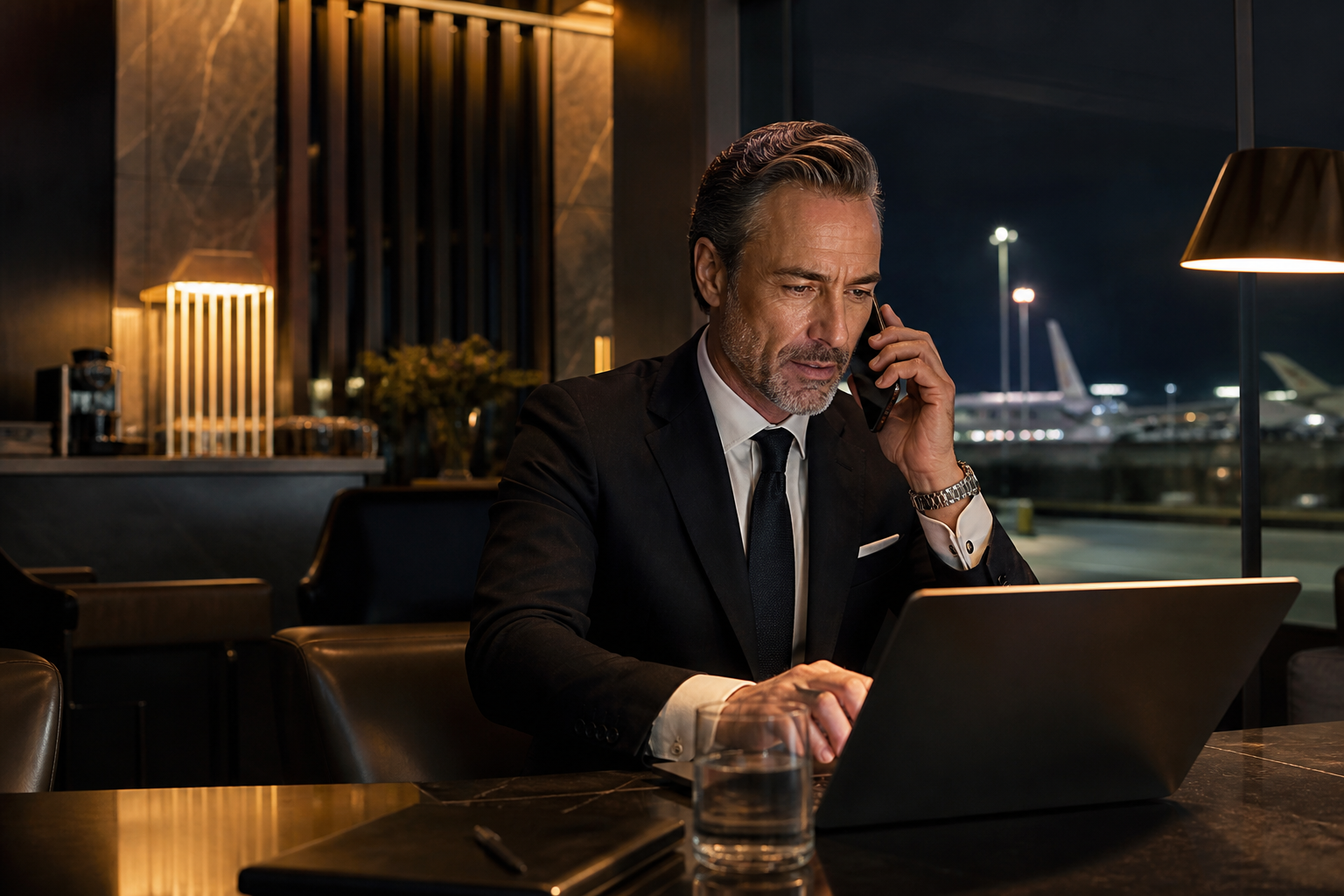 Gold Card concierge advisor assisting an international client from an airport lounge