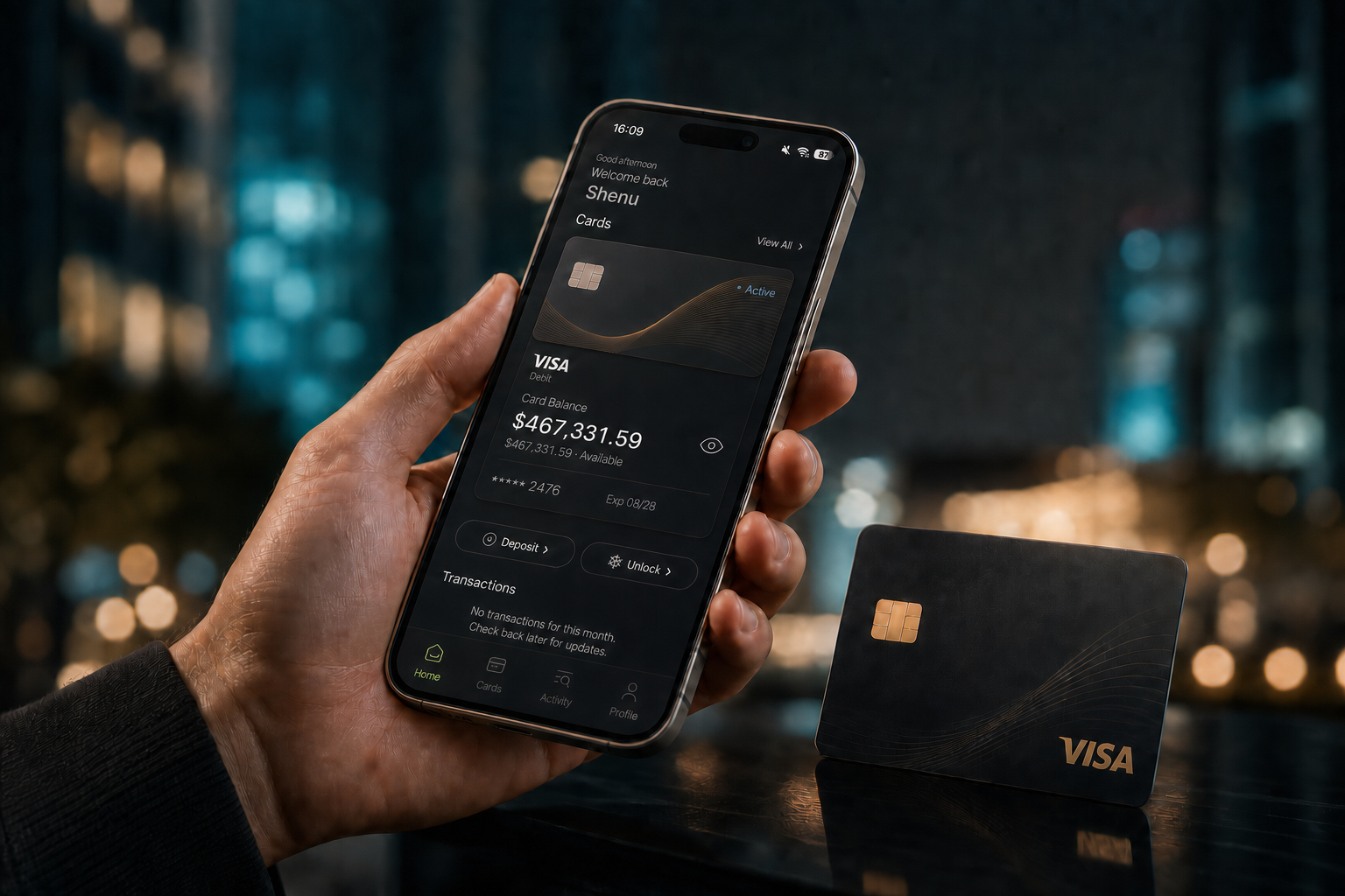 Premium VISA card and personalised digital wallet experience on a smartphone